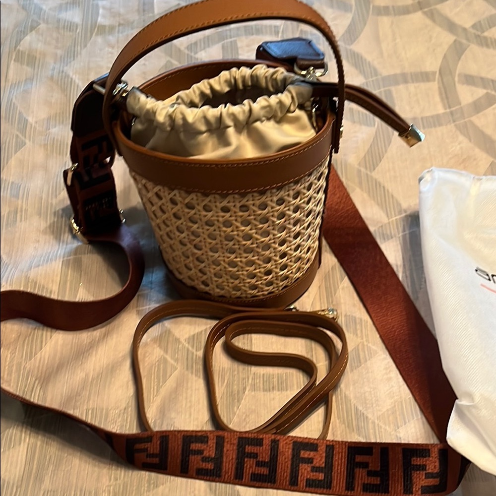 EUC Brown and Cream Cane and Leather Bucket Bag